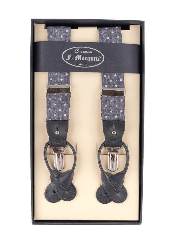 Blue suspenders with large polka dots