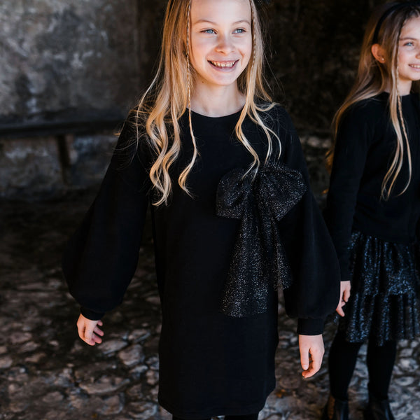 ABITO DETTAGLIO MANICA CON FIOCCO TULLE GLITTER