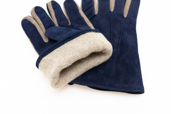 Guanti blu scamosciati con interno in cashmere
