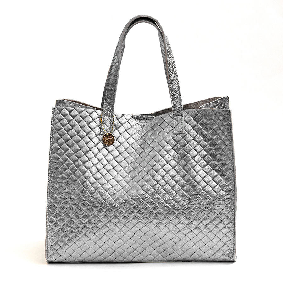 BALI BIG - Borsa in pelle laminata stampa intreccio silver