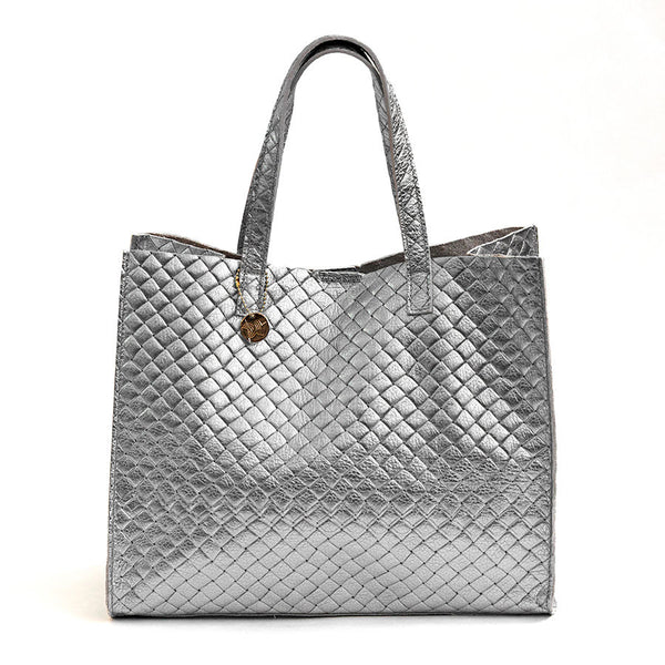 BALI BIG - Borsa in pelle laminata stampa intreccio silver