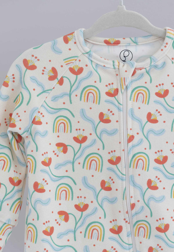 Tutina con zip in bambù - Fiori e arcobaleni - Palloncino blu